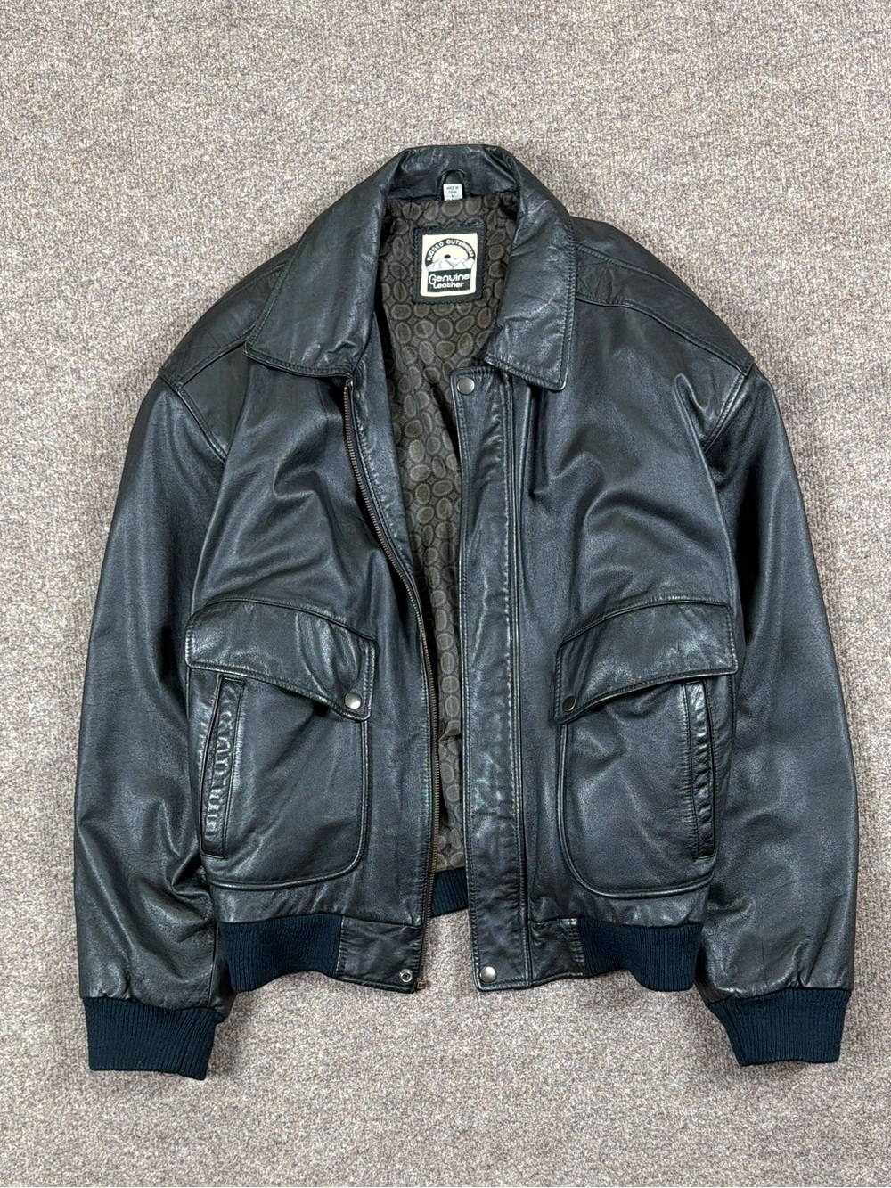 Vintage Black Genuine Leather Flight Bomber Jacket Men’s L Ribbed Knit Trim 90s